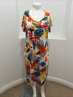 Rouge Collection Tropical  Floral Print V-Neck Midi Dress Multicolor Casual 3X